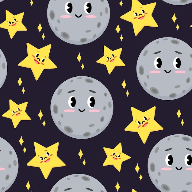Cielo nocturno infantil de patrones sin fisuras Lindas estrellas y luna vivero patrón