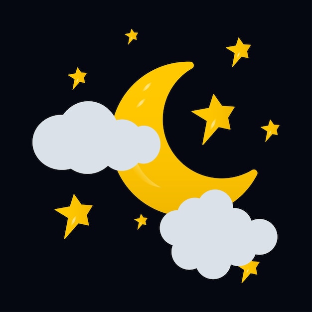 Cielo nocturno con luna creciente, estrellas y nubes Ilustración vectorial