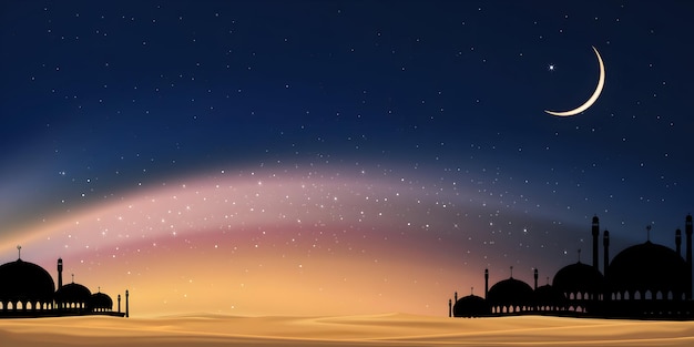 Cielo nocturno con luna creciente y mezquitas
