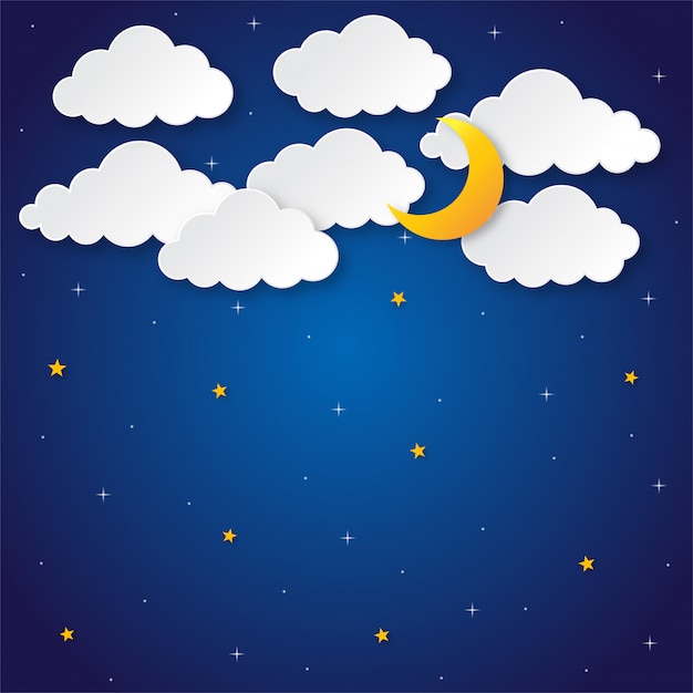 Vector cielo nocturno. luna, estrellas y nubes a medianoche. estilo de arte de papel.