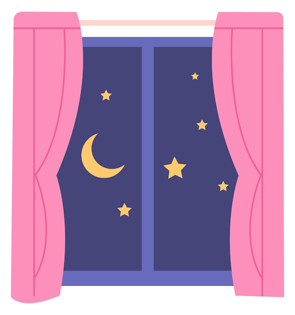 Cielo nocturno con luna y estrellas en la vista interior de la ventana