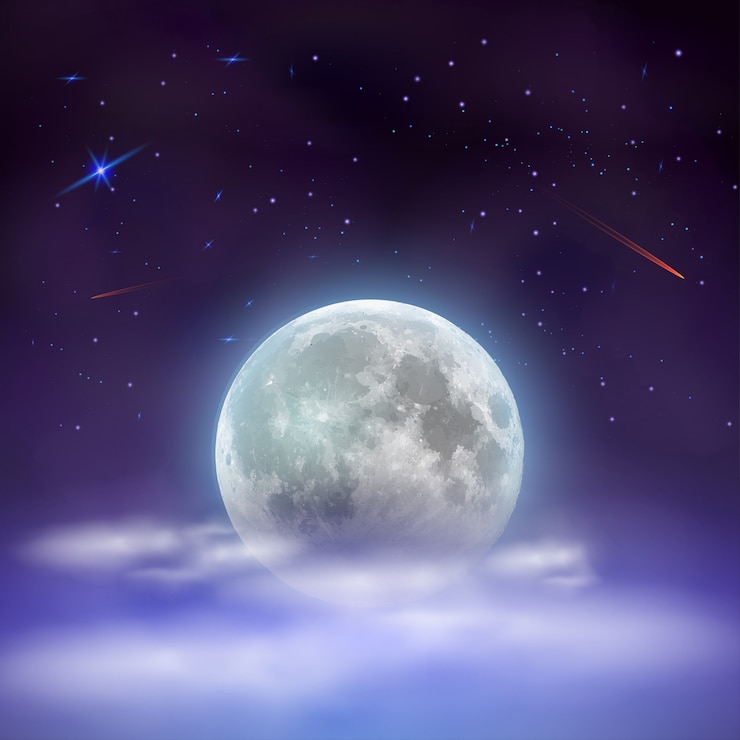 Vector cielo nocturno con luna llena escondida detrás de las nubes.