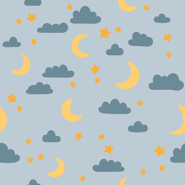 Cielo nocturno de patrones sin fisuras Estrellas luna nubes vector fondo Linda ilustración infantil