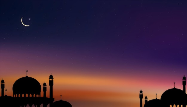 Cielo nocturno del Ramadán con silueta de una mezquita