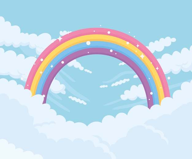 Cielo con nubes y arco iris brillante.