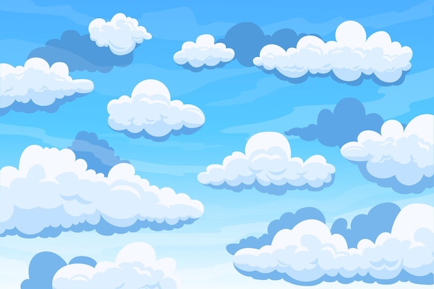 Vector cielo nublado fondo de dibujos animados con cielo azul de verano y nubes cúmulos vector concepto de aire y atmósfera limpios