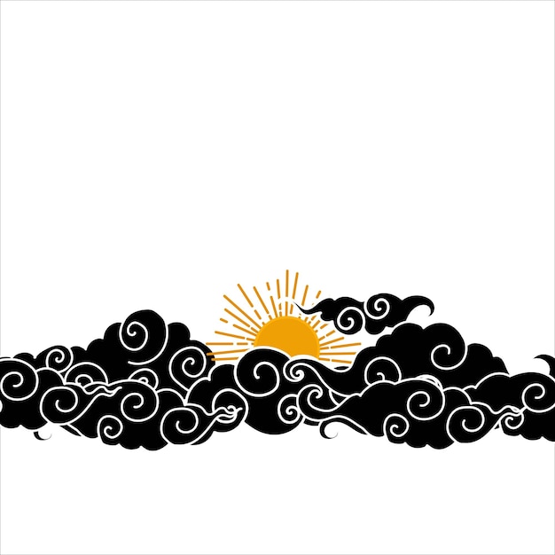 Cielo tibetano nube asiática con luna sol y estrellas japonés coreano estilo nube chino ornamentos tradicionales asiáticos patrón de frontera ilustración vectorial