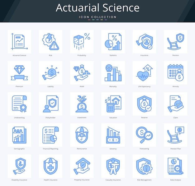 Ciencia actuarial paquete de iconos azul lineal para estudio de evaluación de riesgos y estadísticas