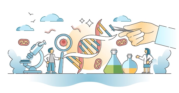 La ciencia de la biología y la investigación de la ingeniería genética y el concepto de esquema de aspectos de manipulación. Experimento de modificación artificial de la estructura del ADN con estudio de secuencia e ilustración vectorial de evolución.