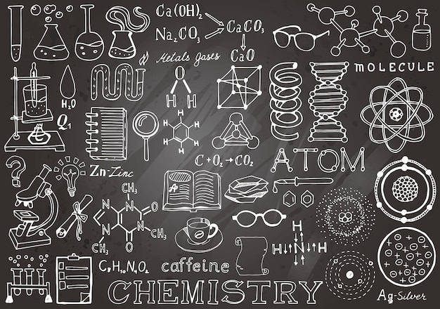 Vector ciencia doodle elementos dibujados a mano en pizarra gris fondo ciencia y escuela