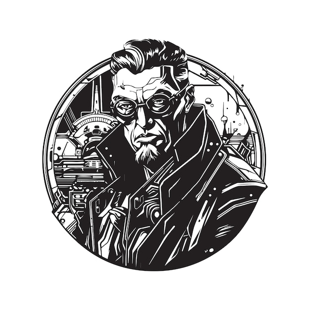 Ciencia ficción cyberpunk gangster vintage logo línea arte concepto blanco y negro color dibujado a mano ilustración