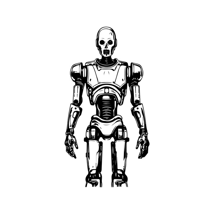 Vector ciencia ficción humanoide robot vintage logo línea arte concepto blanco y negro color dibujado a mano ilustración