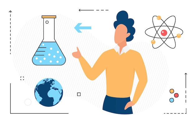 Ciencia moderna física nuclear tecnología de investigación matraz atómico símbolo científico y hombre