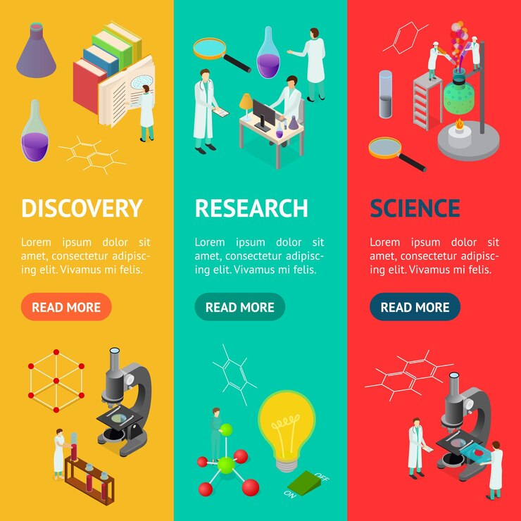 Vector ciencia química concepto farmacéutico banner vecrtical set vista isométrica 3d para web ilustración vectorial del laboratorio de investigación de elementos