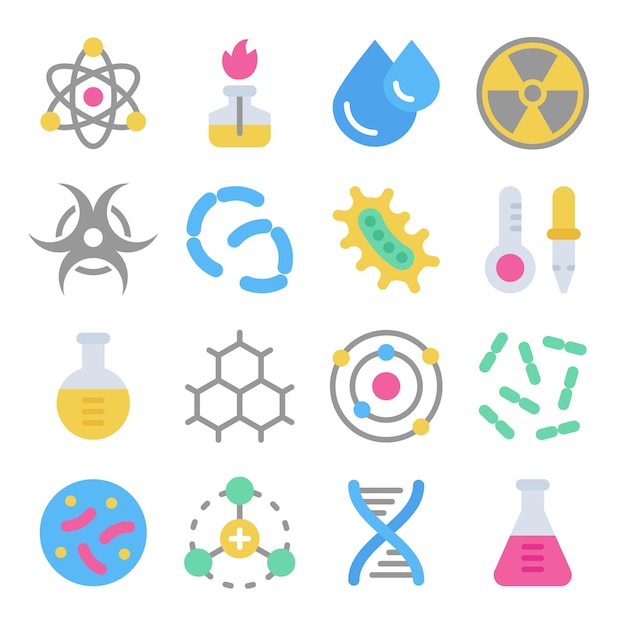 La ciencia química detalla el conjunto de iconos vectoriales coloridos