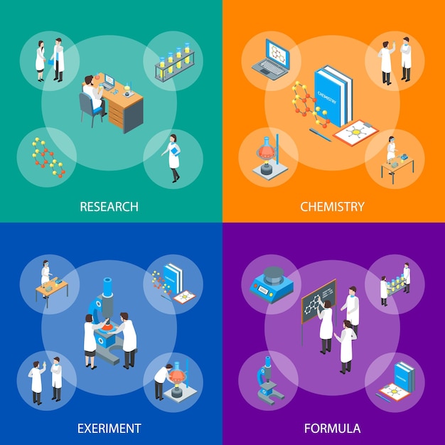 Ciencia Química Farmacéutica Banner de concepto Conjunto horizontal Vista isométrica 3D para la web Ilustración vectorial del Laboratorio de Investigación de Elementos