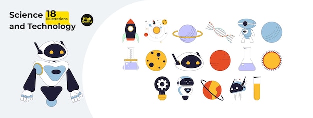 Ciencia tecnología ingeniería 2D objetos de dibujos animados lineales paquete esferas de cohetes planetas equipo de laboratorio elementos vectoriales de línea aislados fondo blanco robots color punto plano colección de ilustración