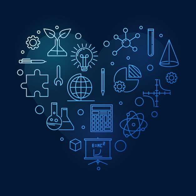 Vector ciencia tecnología ingeniería y educación matemática en forma de corazón contorno mínimo banner azul stem ilustración