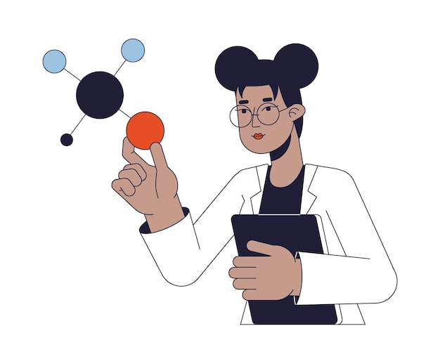 Científica estudiando moléculas línea plana concepto vector punto ilustración Biología molecular 2D dibujos animados personajes de contorno en blanco para diseño de interfaz de usuario web Imagen de héroe de color aislado editable