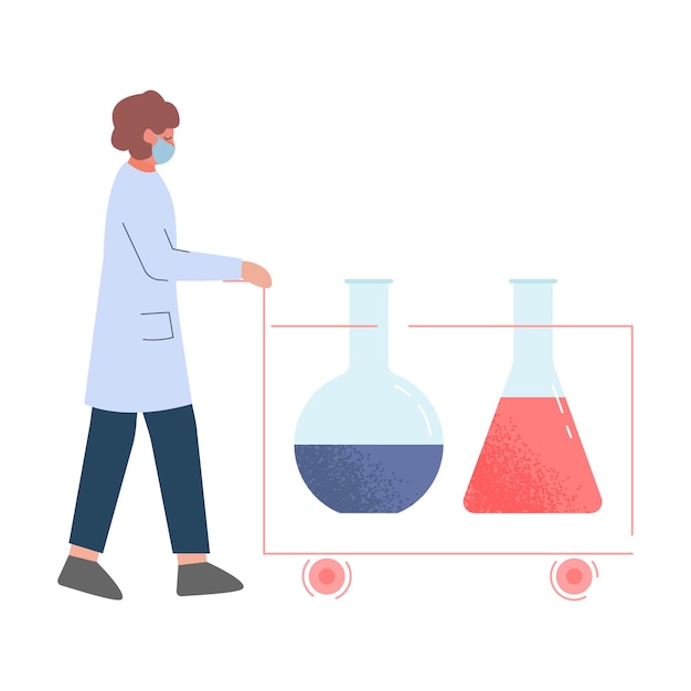 Científica haciendo investigaciones químicas en el laboratorio mujer con bata blanca y máscara facial médica empujando el carro