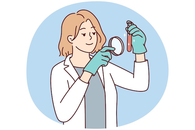 Científica en uniforme médico blanco explora el tubo con lupa Mujer investigadora
