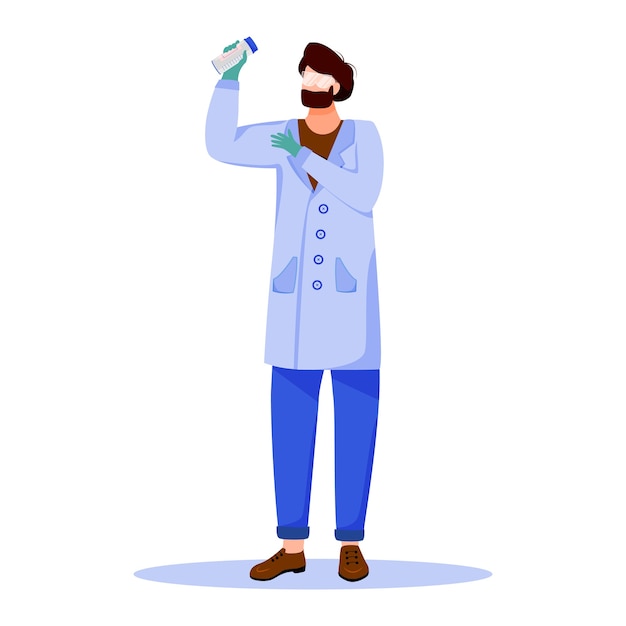 Vector científico en bata de laboratorio con ilustración plana de gafas de protección. estudiar medicina, química. experimento de laboratorio. hombre con productos químicos puede personaje de dibujos animados aislado sobre fondo blanco.