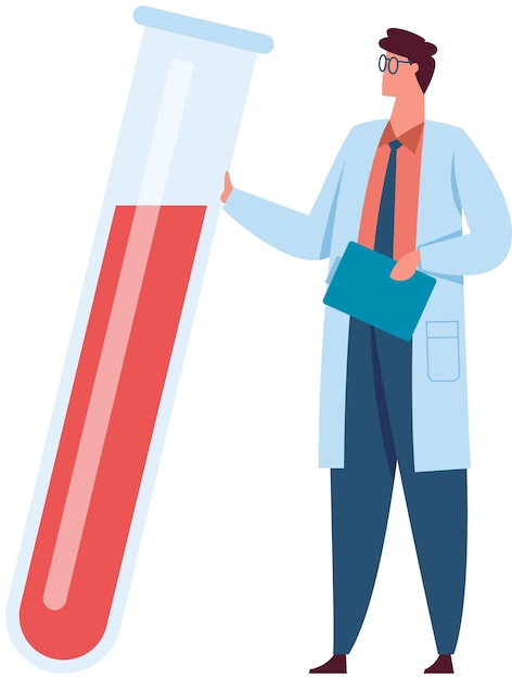Científico en bata de laboratorio sosteniendo un clipboard está presentando un tubo de ensayo gigante que contiene un líquido rojo posiblemente sangre sugiriendo investigación médica o análisis de laboratorio