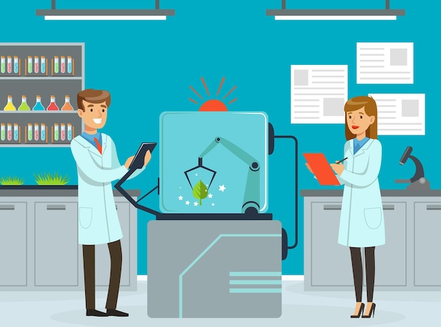 Científico y científica realizan un experimento con una ilustración vectorial de asistencia de inteligencia artificial