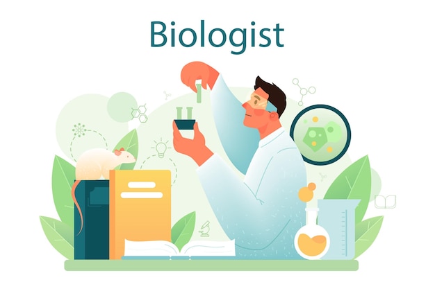 El científico del concepto de biólogo hace análisis de laboratorio del sistema de vida