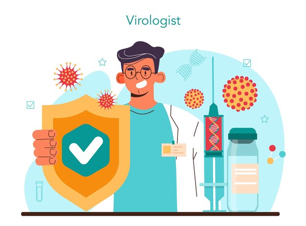 El científico del concepto de virólogo estudia virus y bacterias en un laboratorio