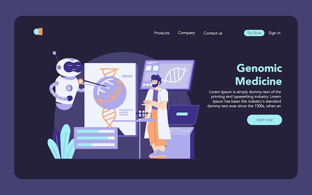Científico de conceptos de tecnología sanitaria y robot de IA que investiga la estructura del ADN para la medicina genómica