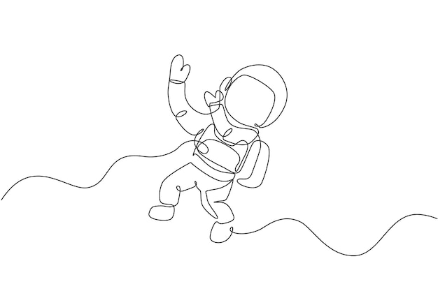 Científico cosmonauta de dibujo de una sola línea continua descubriendo el universo de caminata espacial en un vector vintage