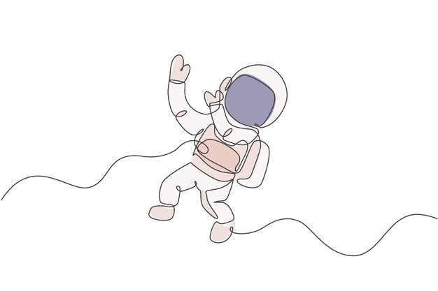 Científico cosmonauta de dibujo de una sola línea continua descubriendo el universo de caminata espacial en un vector vintage