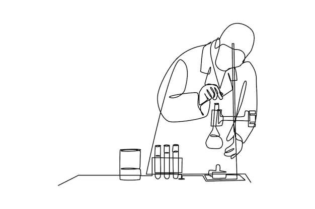 Científico de dibujo continuo de una línea haciendo algún concepto de actividad de laboratorio de investigación Ilustración gráfica vectorial de diseño de dibujo de una sola línea