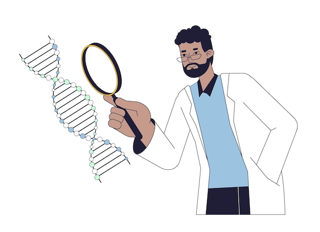 Científico estudia ADN hélice línea plana concepto vector punto ilustración Biotecnología e ingeniería 2D personaje de contorno de dibujos animados en blanco para diseño de interfaz de usuario web Imagen de héroe de color aislado editable