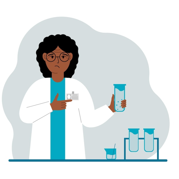 Vector científico femenino con matraces científico experimental asistente de laboratorio bioquímica química investigación científica