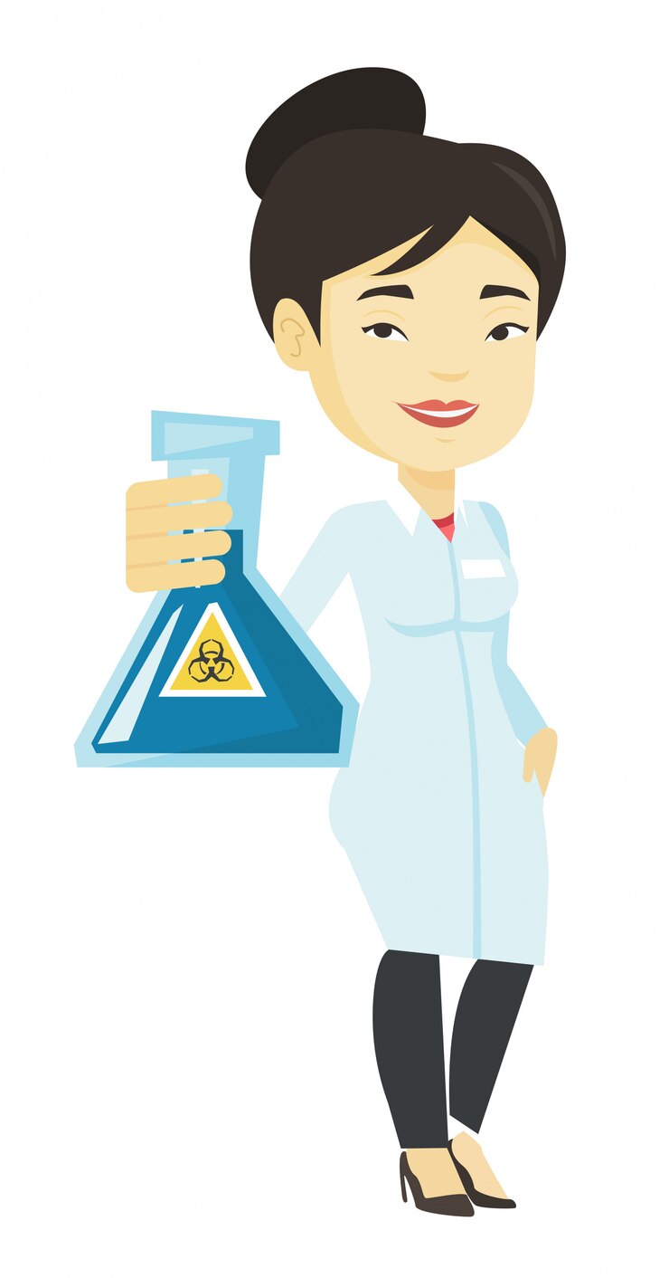 Vector científico con frasco con signo de riesgo biológico.