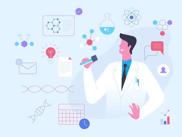 Científico con ilustración de vector plano de vaso de precipitados. Joven médico en personaje de dibujos animados de bata blanca