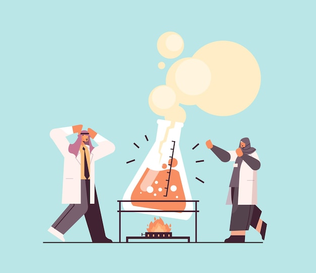 Científico de investigación árabe que trabaja con investigadores de tubos de ensayo que realizan experimentos químicos en el concepto de ingeniería molecular de laboratorio Ilustración de vector de longitud completa horizontal