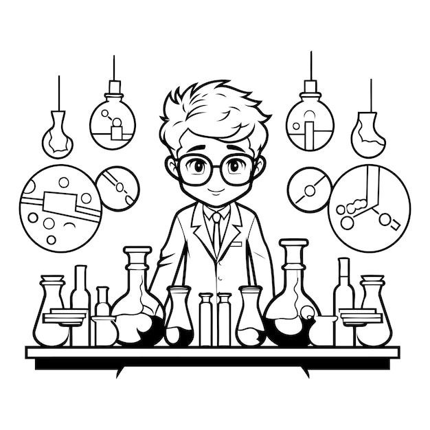 Vector científico en el laboratorio ilustración vectorial en blanco y negro para libro de colorear