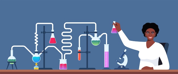 Científico en el laboratorio de química que trabaja en investigación y exploración frascos viales tubos de ensayo