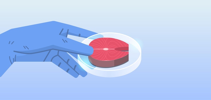 Vector científico mano sosteniendo carne de pescado cruda roja cultivada hecha de células animales concepto de producción de carne cultivada en laboratorio artificial ilustración vectorial horizontal