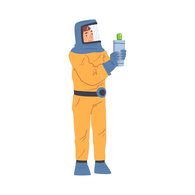 Científico masculino con traje de protección amarillo haciendo un experimento con un vector de equipo de laboratorio