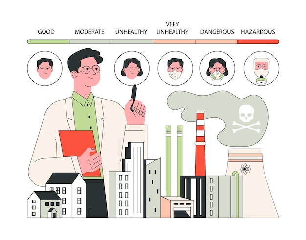 Vector científico de medición del índice de contaminación atmosférica explica el impacto en la salud de las emisiones de las fábricas con un