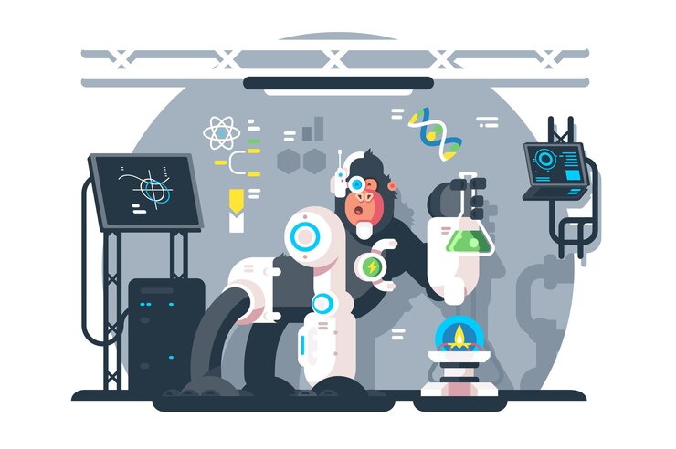 Vector científico de mono robot hacer experimento de laboratorio ilustración de vector plano