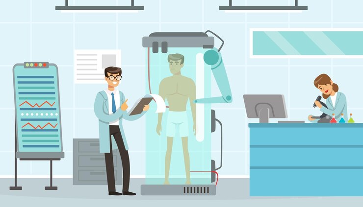Vector científico y mujer realizan un experimento con ayuda de inteligencia artificial examinando la ilustración vectorial del cuerpo humano