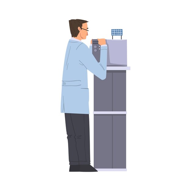 Científico o ingeniero en laboratorio hombre con bata blanca haciendo experimentos científicos con equipos de laboratorio