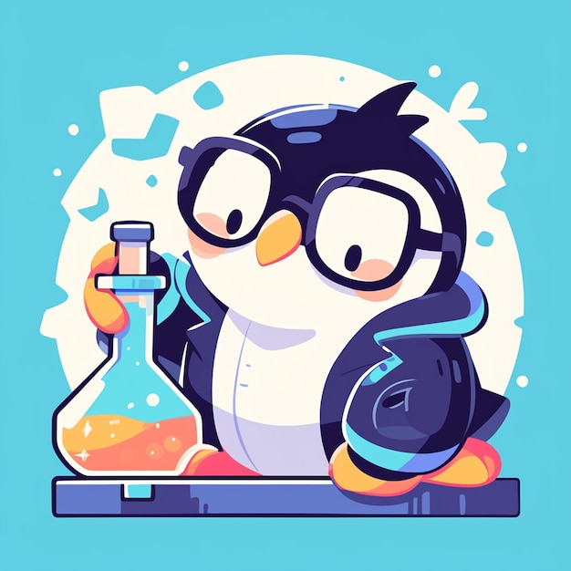 Un científico pingüino diligente al estilo de las caricaturas