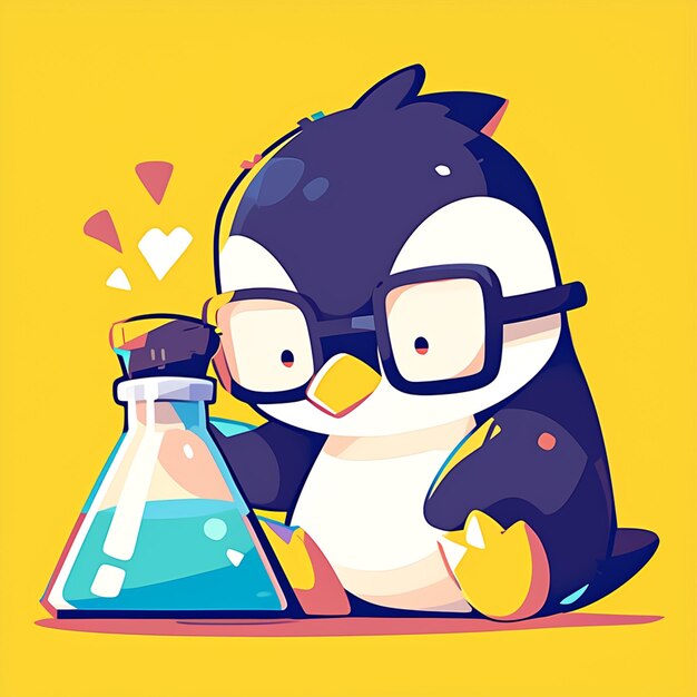 Un científico pingüino diligente al estilo de las caricaturas