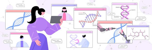 Científico que analiza la estructura del adn en la ventana del navegador web investigador haciendo un experimento en el laboratorio en línea pruebas de adn concepto de ingeniería genética